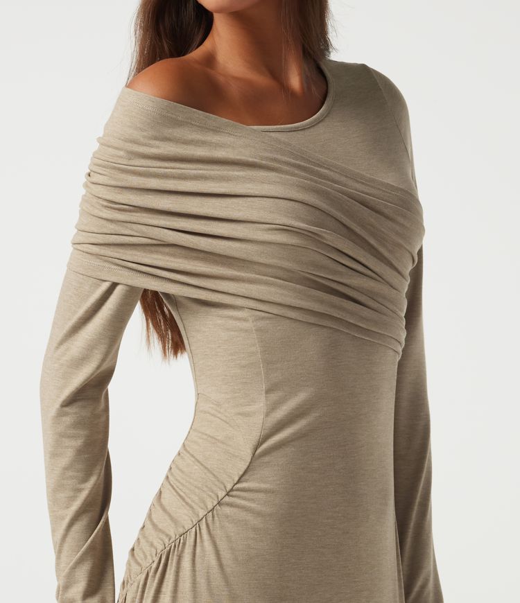 One Shoulder Ruched Stacked A-Line Casual Maxi Dress with Thumb Holes