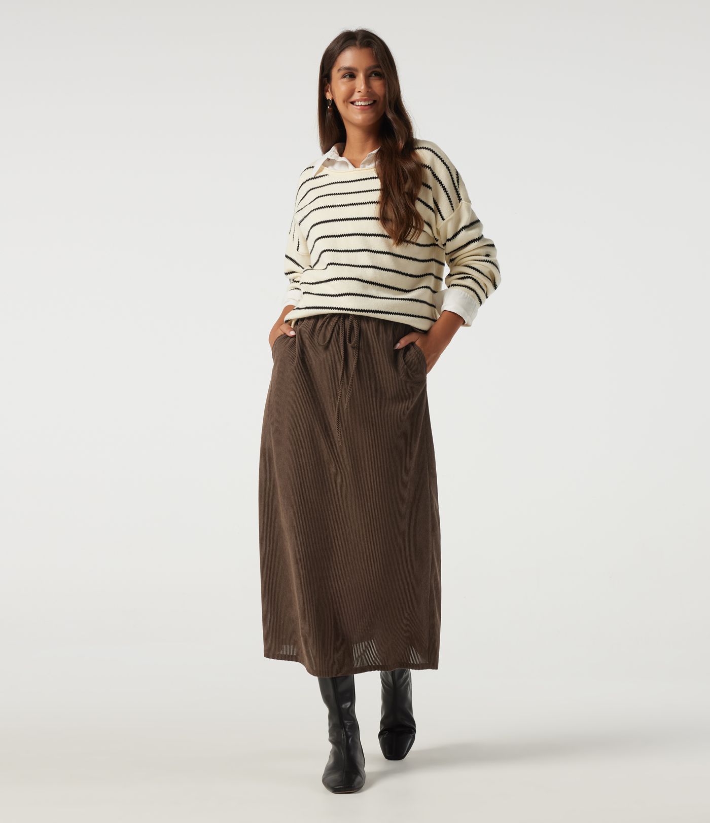 High Waisted Drawstring A-Line Corduroy Casual Midi Skirt with Pockets
