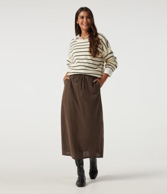 High Waisted Drawstring A-Line Corduroy Casual Midi Skirt with Pockets