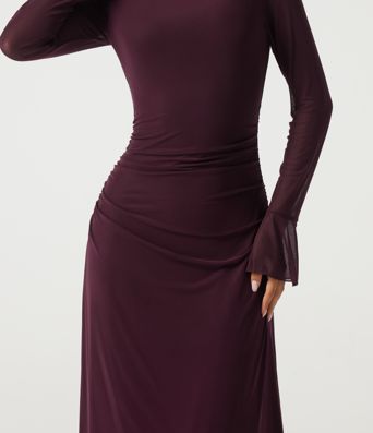Boat Neck Flounce Long Sleeve Contrast Mesh Ruched Maxi Party Dress