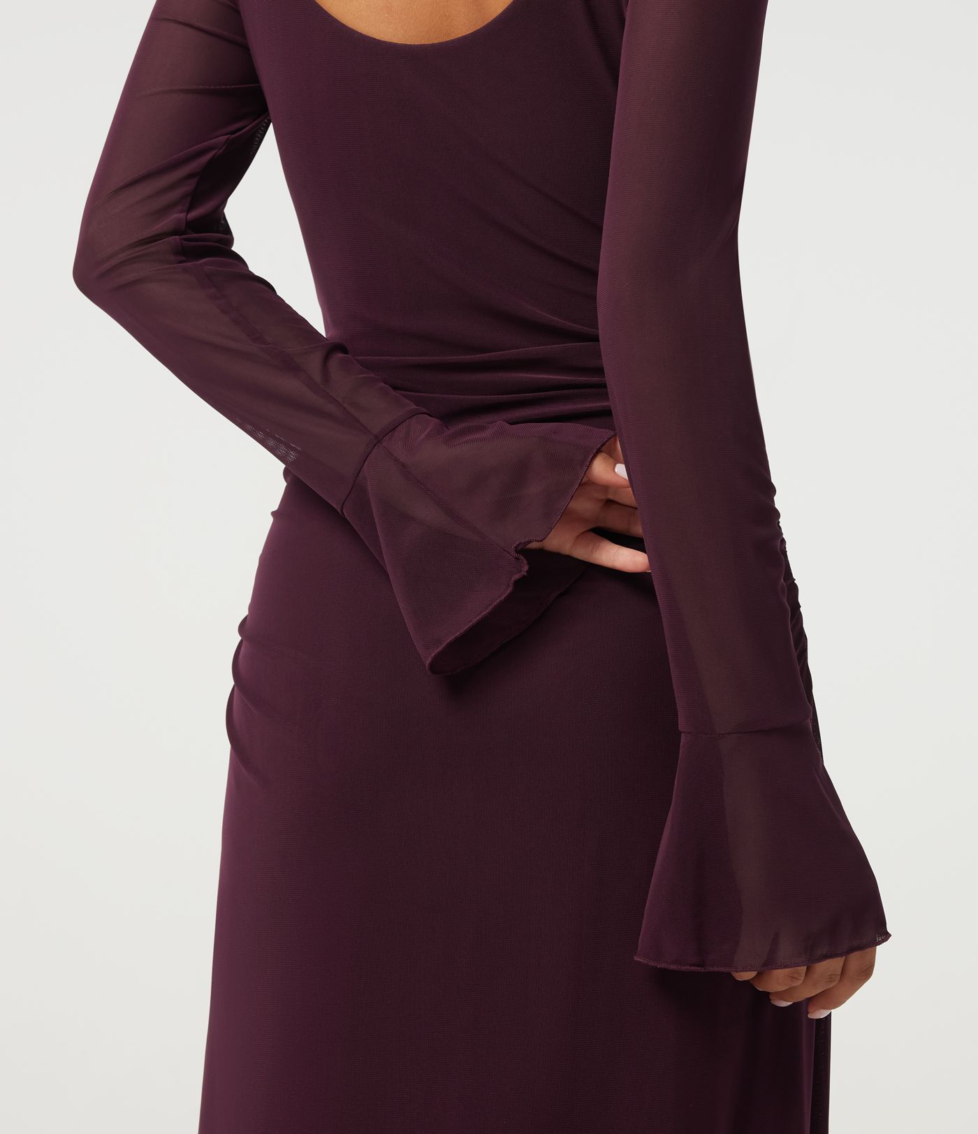 Boat Neck Flounce Long Sleeve Contrast Mesh Ruched Maxi Party Dress