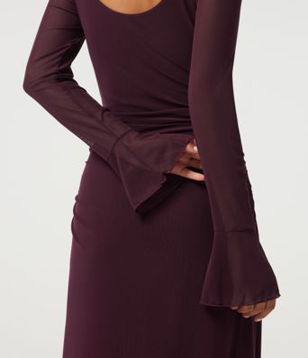 Boat Neck Flounce Long Sleeve Contrast Mesh Ruched Maxi Party Dress