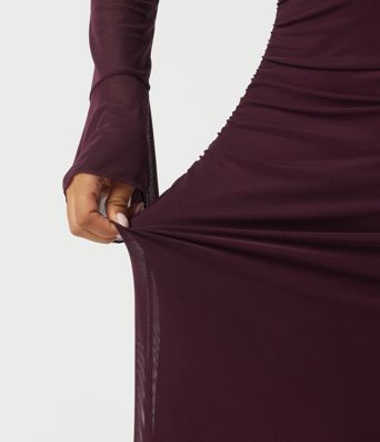 Boat Neck Flounce Long Sleeve Contrast Mesh Ruched Maxi Party Dress