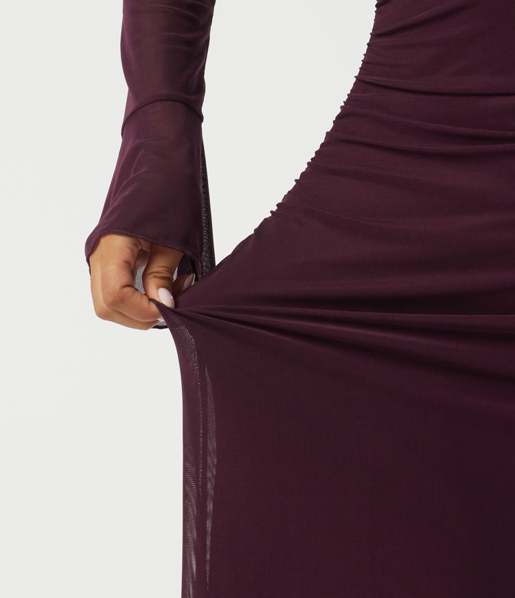 Boat Neck Flounce Long Sleeve Contrast Mesh Ruched Maxi Party Dress