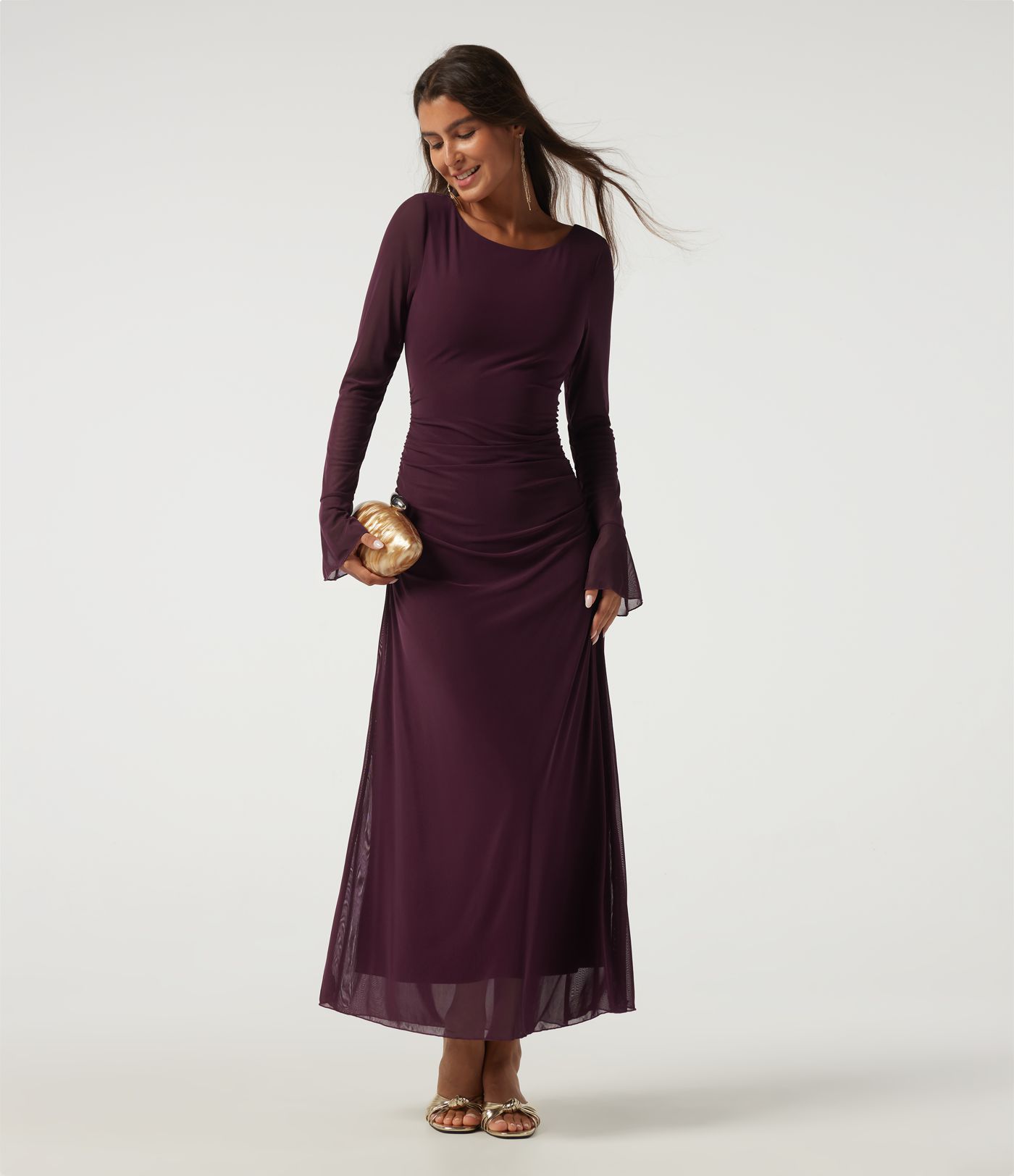Boat Neck Flounce Long Sleeve Contrast Mesh Ruched Maxi Party Dress