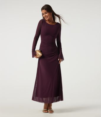 Boat Neck Flounce Long Sleeve Contrast Mesh Ruched Maxi Party Dress