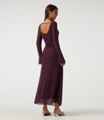 Boat Neck Flounce Long Sleeve Contrast Mesh Ruched Maxi Party Dress
