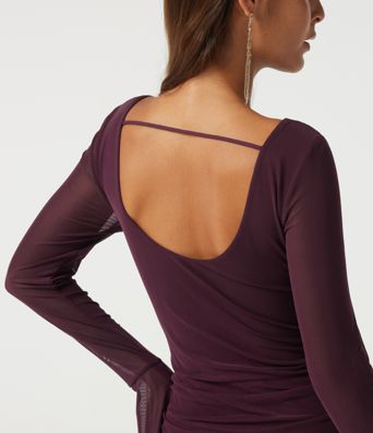 Boat Neck Flounce Long Sleeve Contrast Mesh Ruched Maxi Party Dress