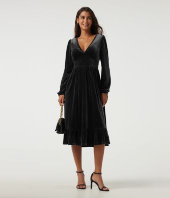 Robe midi en velours à col V profond, manches longues et ourlet à volants