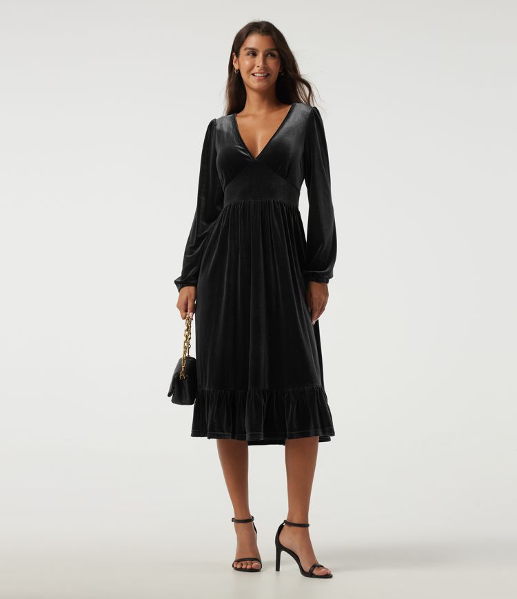 Robe midi en velours à col V profond, manches longues et ourlet à volants