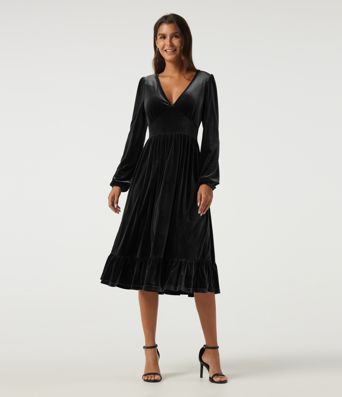 Robe midi en velours à col V profond, manches longues et ourlet à volants