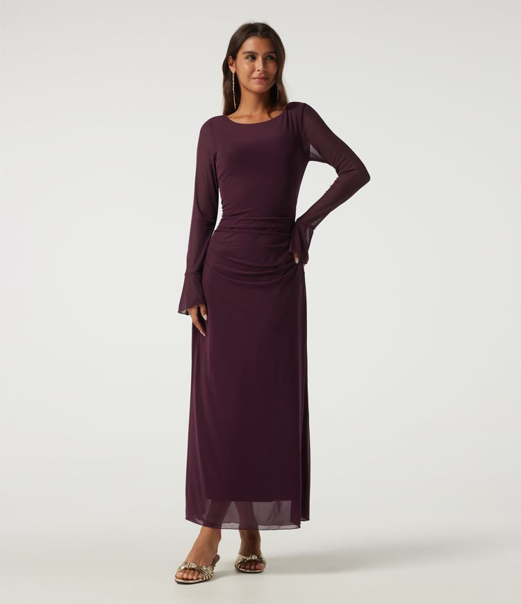 Boat Neck Flounce Long Sleeve Contrast Mesh Ruched Maxi Party Dress