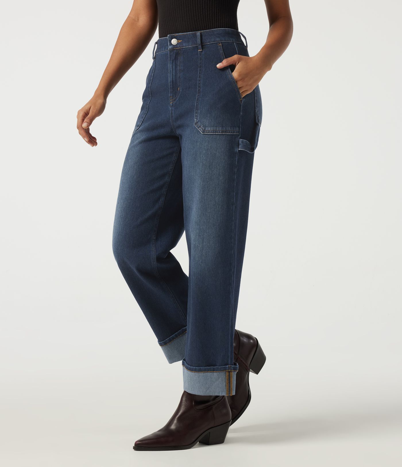 Halara Flex™ Mid Rise Straight Leg Rolled Hem Casual Cotton Jeans with Pockets
