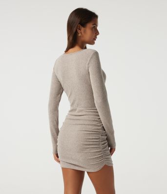 Ribbed Knit Round Neck Long Sleeve Ruched Mini Casual Dress Ribbed Knit Round Neck Long Sleeve Ruched Mini Casual Dress