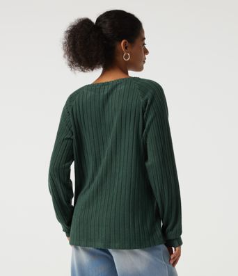 Ribbed Knit Round Neck Long Sleeve Casual Top