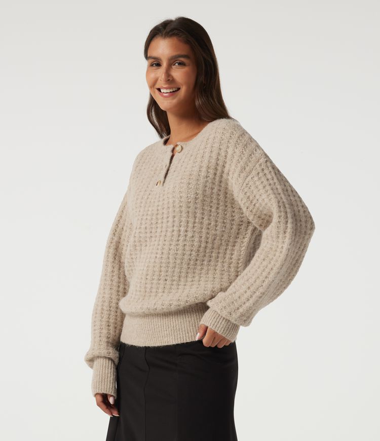 Henley Neck Drop Shoulder Long Sleeve Casual Sweater