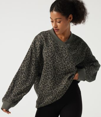 V Neck Long Sleeve Leopard Print Waffle Casual Top