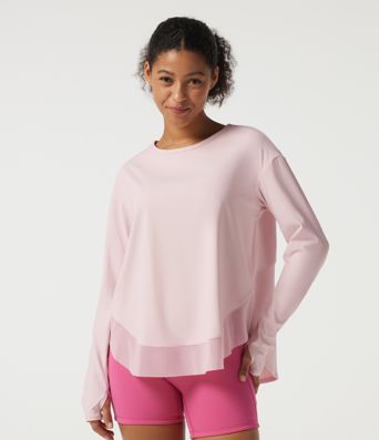 Round Neck Long Sleeve Crossover Yoga Sports Top with Thumbholes