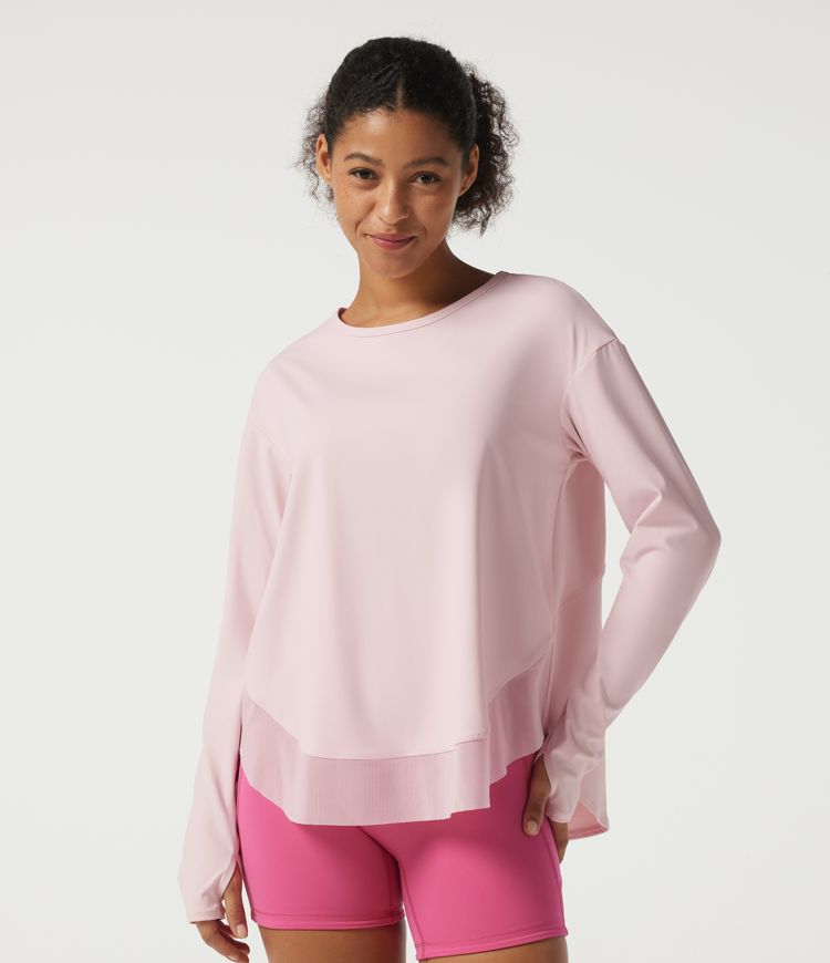 Round Neck Long Sleeve Crossover Yoga Sports Top with Thumbholes