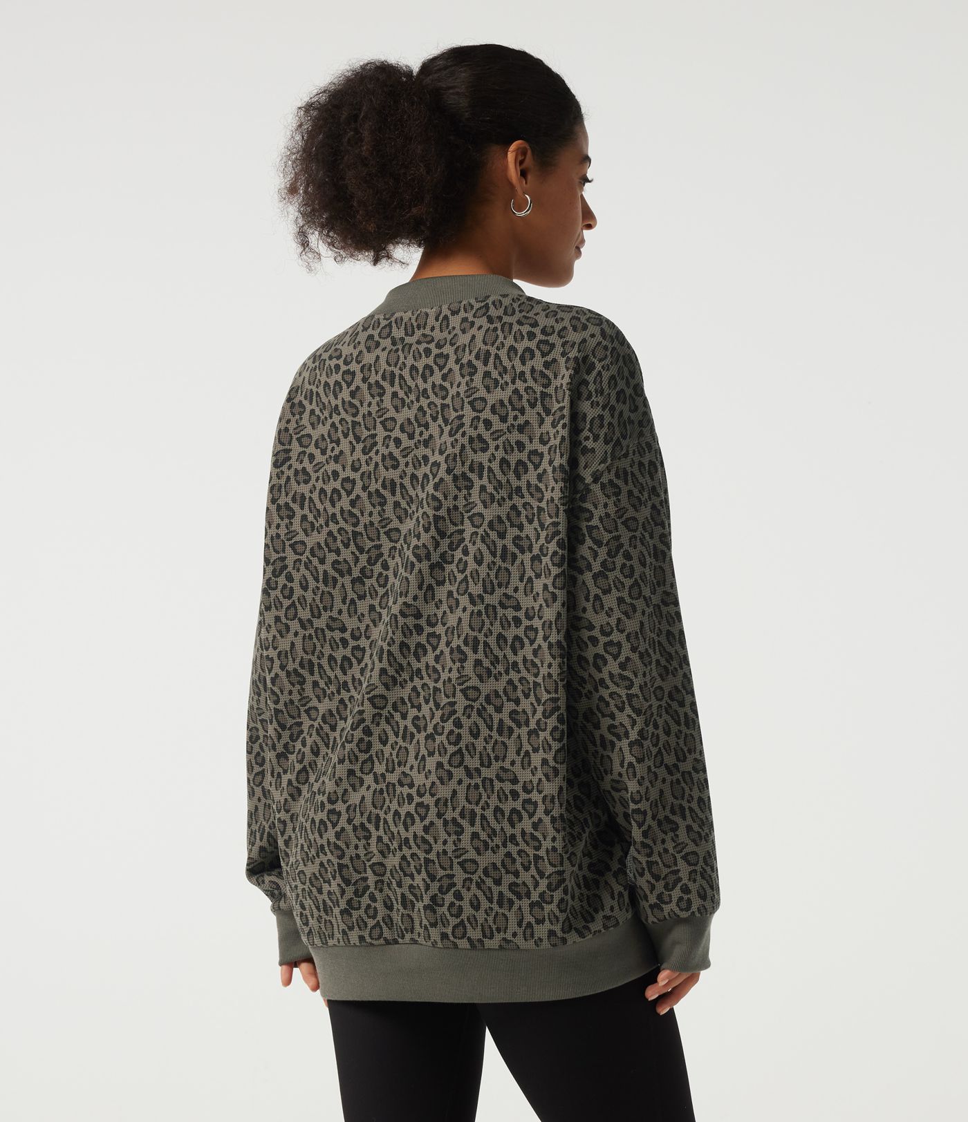 V Neck Long Sleeve Leopard Print Waffle Casual Top