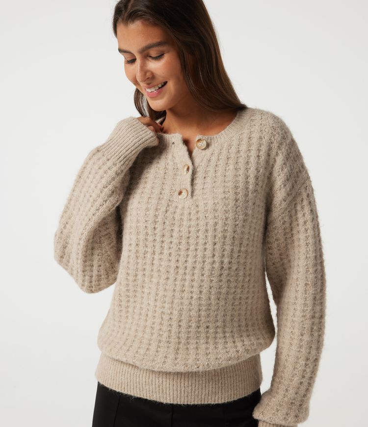 Henley Neck Drop Shoulder Long Sleeve Casual Sweater