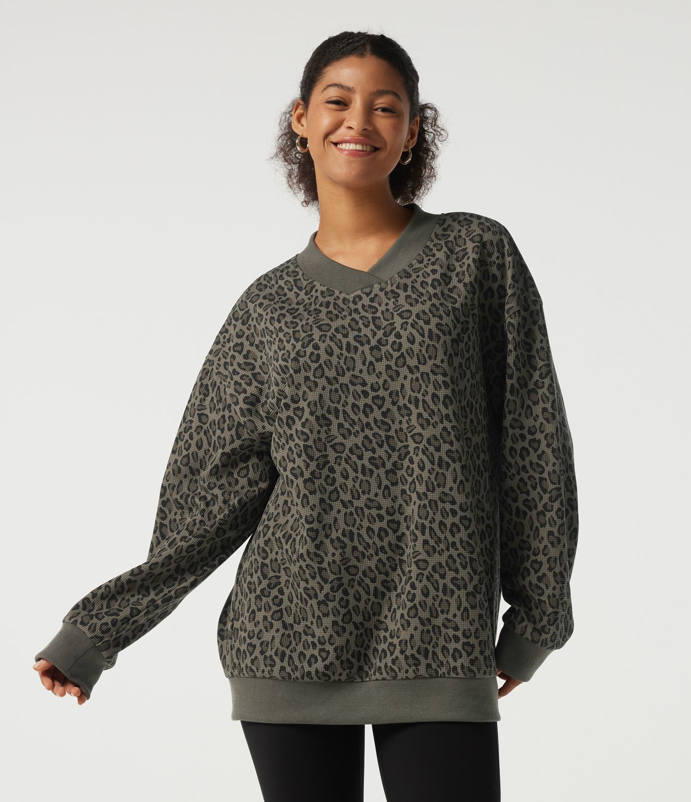 V Neck Long Sleeve Leopard Print Waffle Casual Top