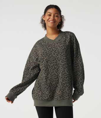 V Neck Long Sleeve Leopard Print Waffle Casual Top