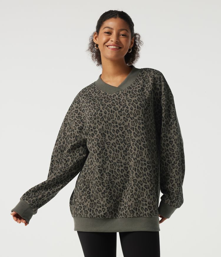 V Neck Long Sleeve Leopard Print Waffle Casual Top