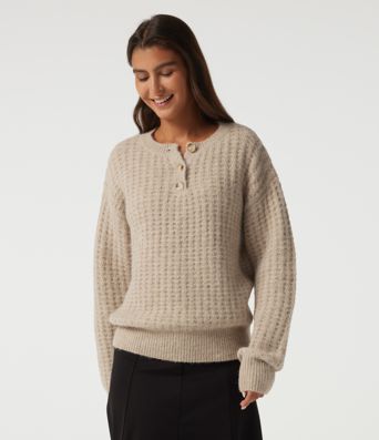 Henley Neck Drop Shoulder Long Sleeve Casual Sweater