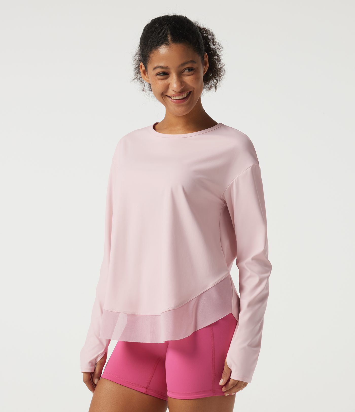 Round Neck Long Sleeve Crossover Yoga Sports Top with Thumbholes