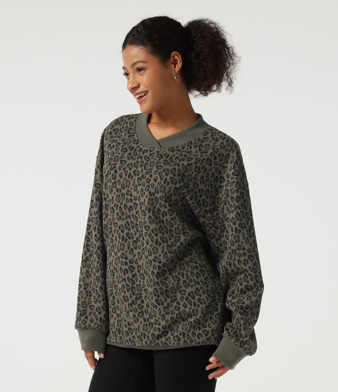 V Neck Long Sleeve Leopard Print Waffle Casual Top