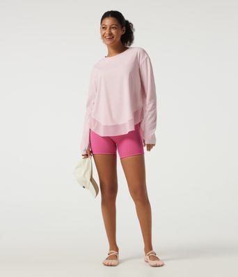 Round Neck Long Sleeve Crossover Yoga Sports Top with Thumbholes