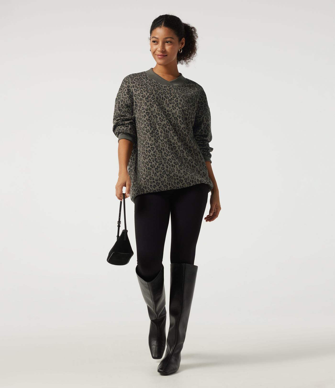 V Neck Long Sleeve Leopard Print Waffle Casual Top