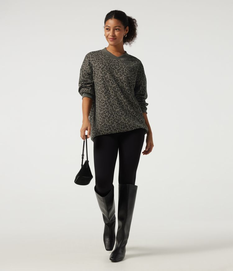 V Neck Long Sleeve Leopard Print Waffle Casual Top