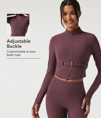 Halara UltraSculpt™ veste de yoga pour silhouettes courbes, col montant, manches longues et ceinture à boucle