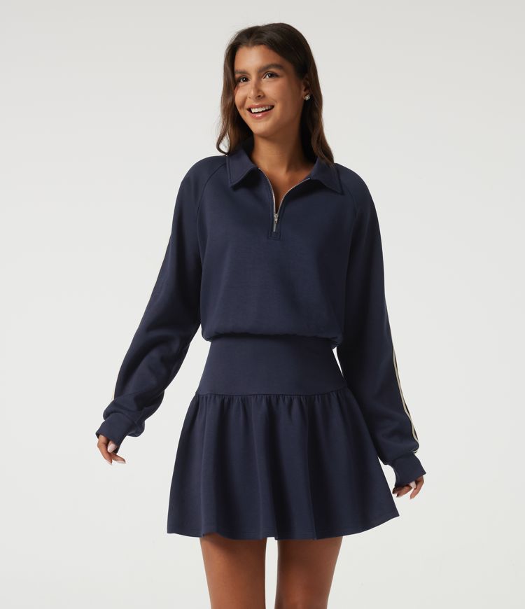 Lapel Long Sleeve Raglan Side Stripe Casual Mini Sweatshirt Dress Lapel Long Sleeve Raglan Side Stripe Casual Mini Sweatshirt Dress