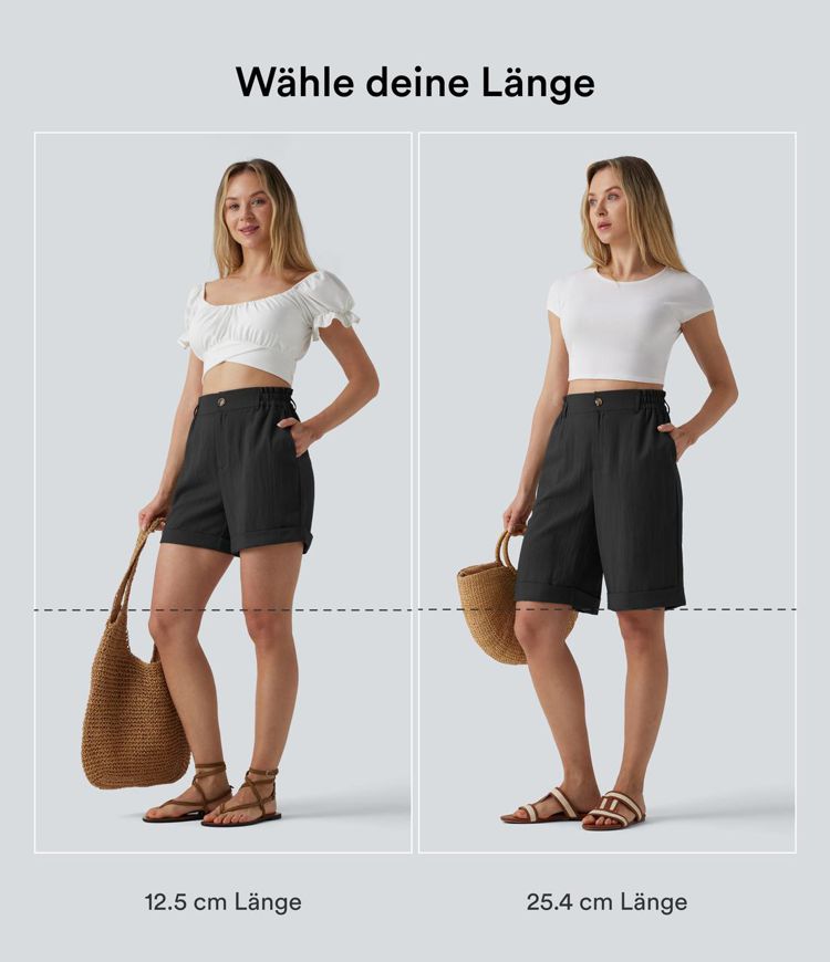 Urlaubs-Bermuda-Shorts in Leinenoptik mit hohem Bund, Seitentaschen und umgeschlagenem Saum