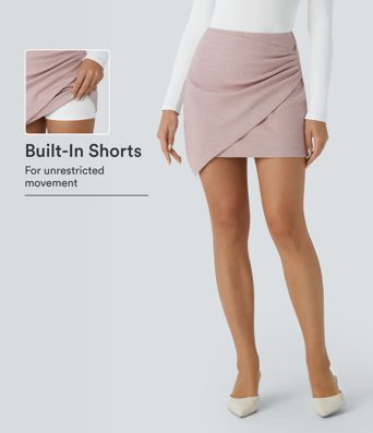 High Waisted Asymmetric Ruched 2-in-1 Houndstooth Mini Work Skirt