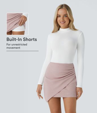 High Waisted Asymmetric Ruched 2-in-1 Houndstooth Mini Work Skirt