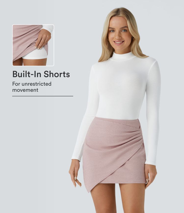 High Waisted Asymmetric Ruched 2-in-1 Houndstooth Mini Work Skirt