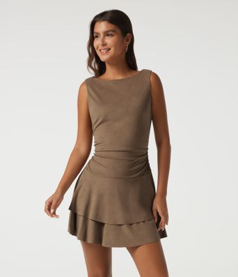 Boat Neck Sleeveless A Line Tiered Suede Mini Casual Dress Boat Neck Sleeveless A Line Tiered Suede Mini Casual Dress