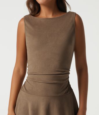 Boat Neck Sleeveless A Line Tiered Suede Mini Casual Dress Boat Neck Sleeveless A Line Tiered Suede Mini Casual Dress