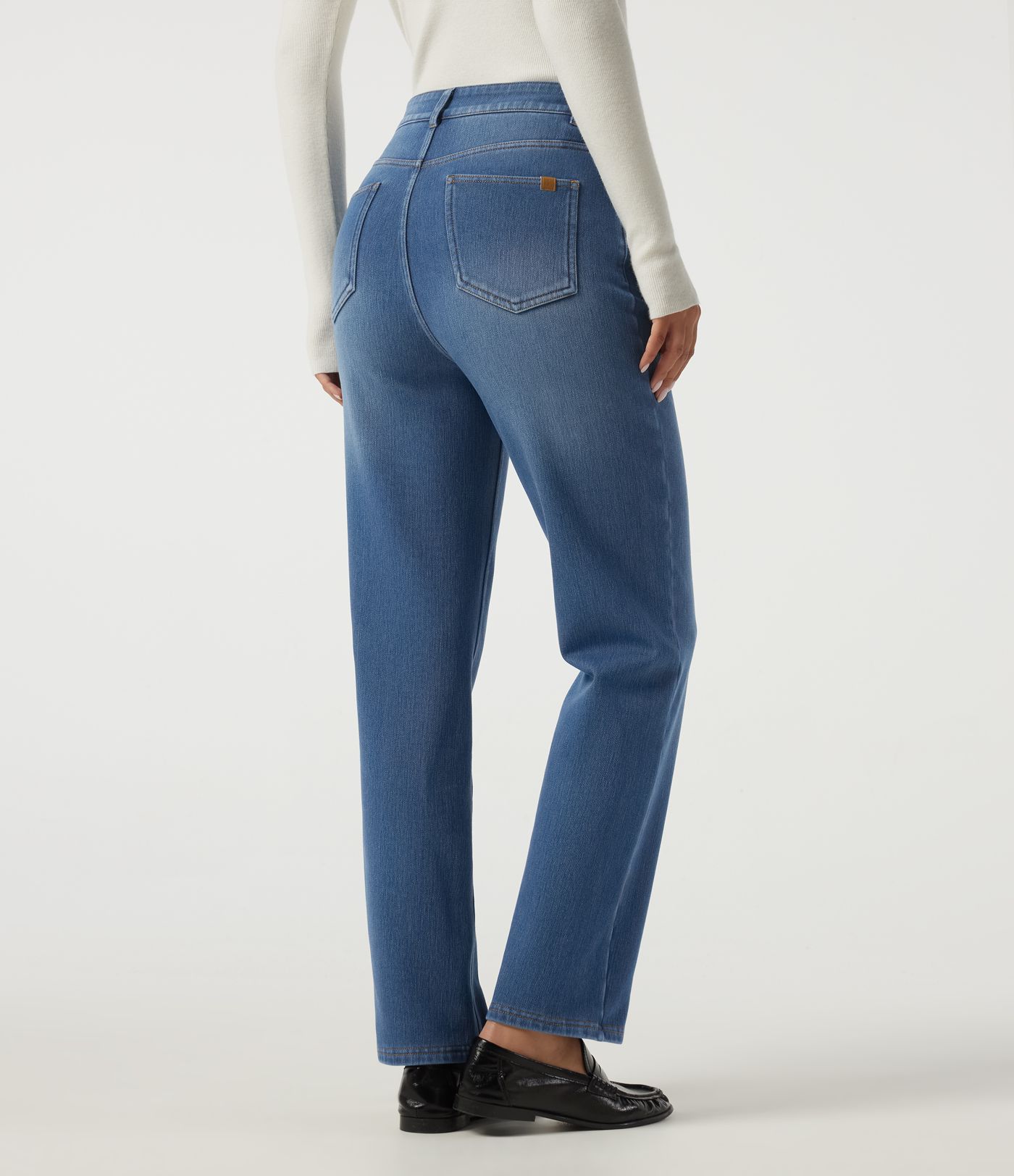 Jean décontracté en coton, molletonné, à taille haute, coupe droite, avec poches