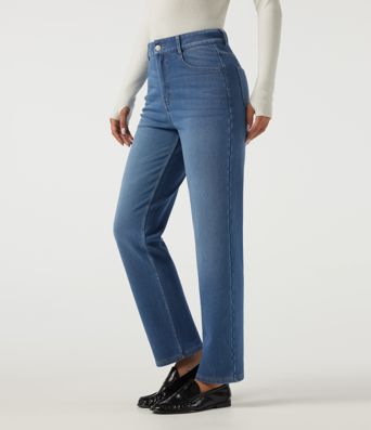 Jean décontracté en coton, molletonné, à taille haute, coupe droite, avec poches