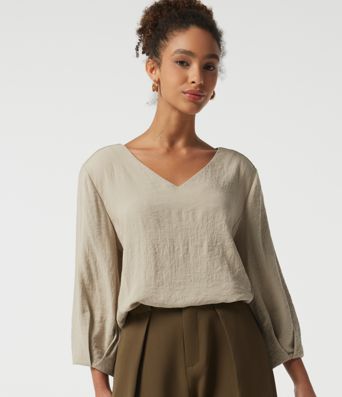 V Neck Bubble Long Sleeve Work Blouse V Neck Bubble Long Sleeve Work Blouse