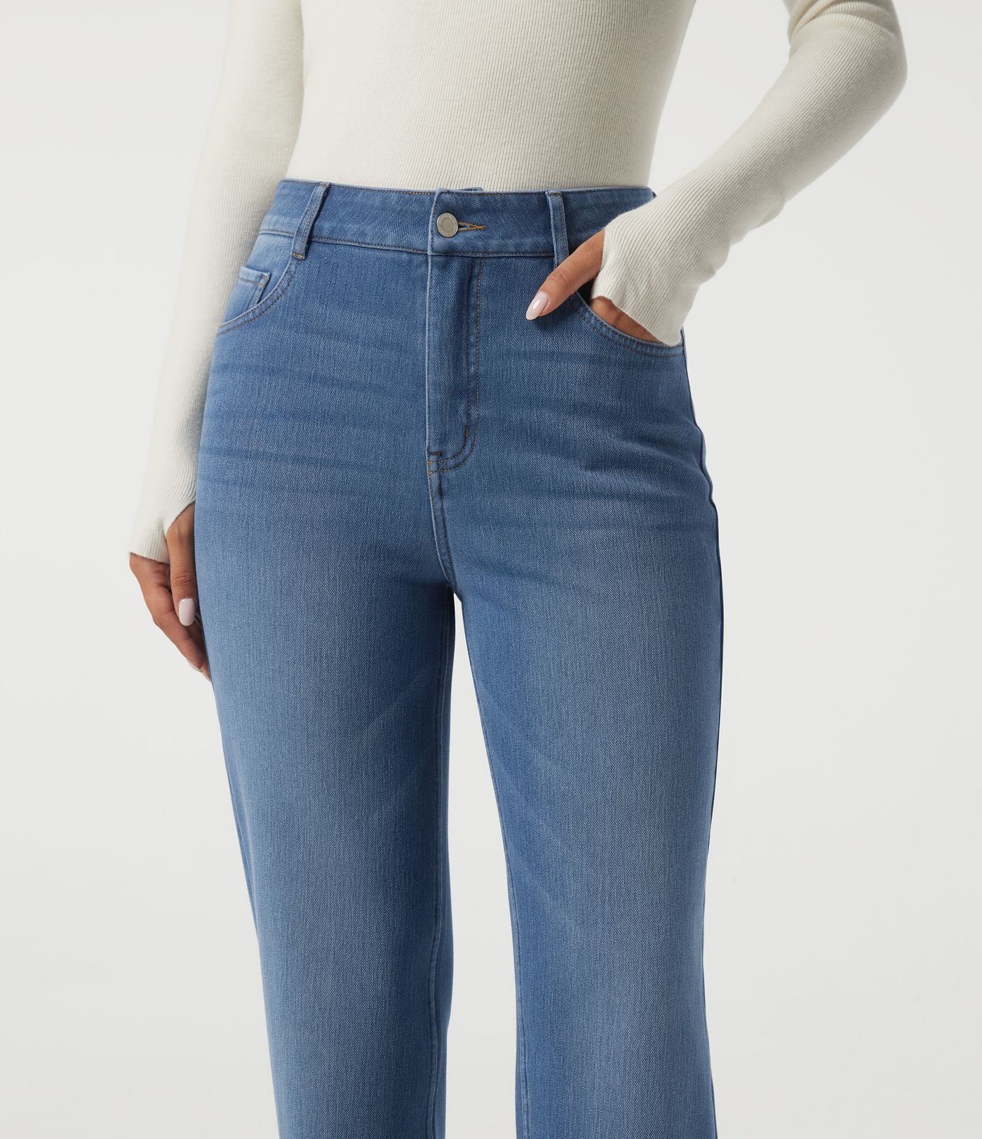 Jean décontracté en coton, molletonné, à taille haute, coupe droite, avec poches