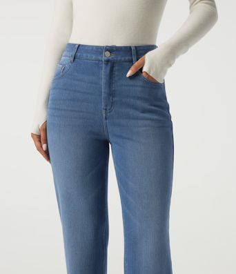 Jean décontracté en coton, molletonné, à taille haute, coupe droite, avec poches