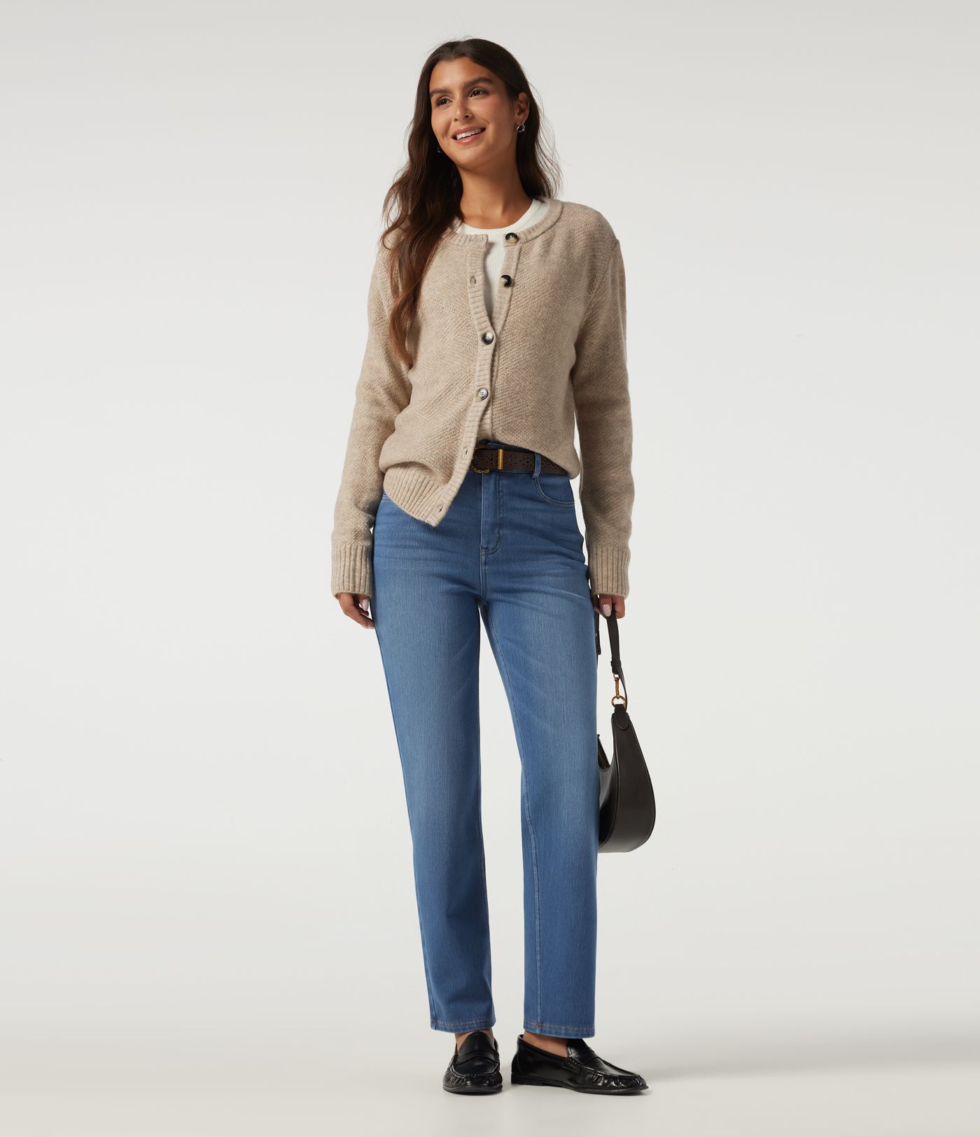 Jean décontracté en coton, molletonné, à taille haute, coupe droite, avec poches