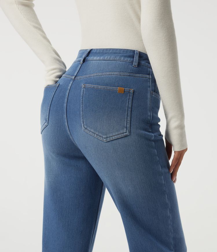 Jean décontracté en coton, molletonné, à taille haute, coupe droite, avec poches