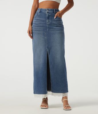 Halara Flex™ High Waisted Contrast Lace Denim Casual Cotton Maxi Pencil Skirt with Pockets